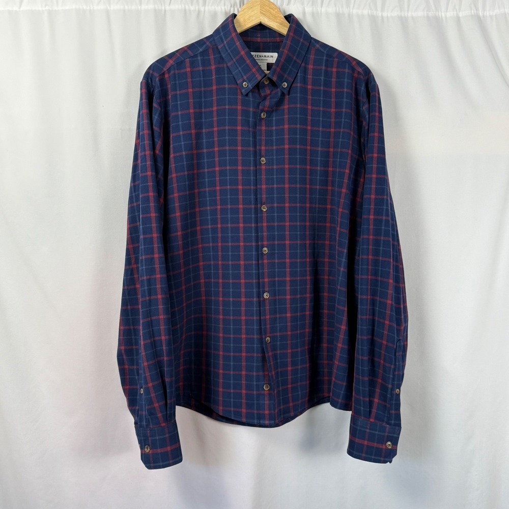 Mizzen+Main City Flannel Plaid Button Down Shirt Navy Red Trim Fit Men M Stretch